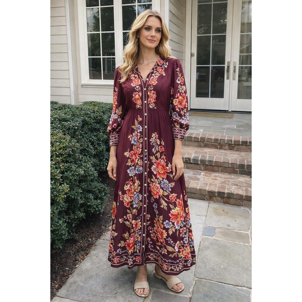 DALIA‎ MACPHEE New Floral Button Front Midi Dress Long Sleeve Crimson LARGE